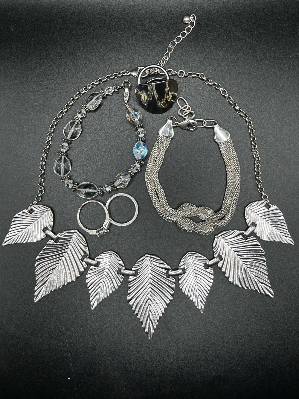 Silver Leaf Statement Necklace with Bracelets and Earrings Lot